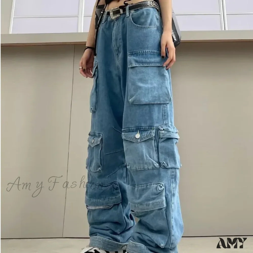 Acid Wash Jeans for Vintage -Amy Fashion - Streetwear Loose Oversized Straight-Leg Multi-Pocket Washed Cargo New Heavy Industry Y2K Vintage Jean