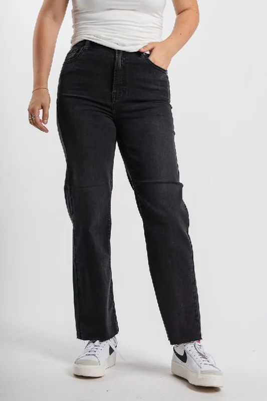 Raw Hem Jeans for Trendy -Hidden high rise stretch straight jeans black