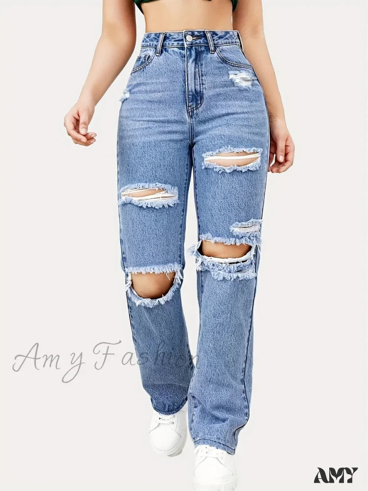 Boyfriend Jeans for Relaxed -Amy Fashion - Blue Ripped Baggy Straight Slash Pockets Distressed High Waist Loose Fit Denim Jean