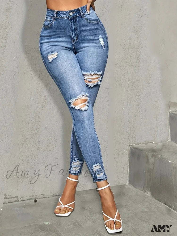 High-end Jeans for Exclusivity -Amy Fashion - Blue Ripped Holes Skinny Slim Fit High Stretch Distressed Tight Women's Denim & Clothing Jean