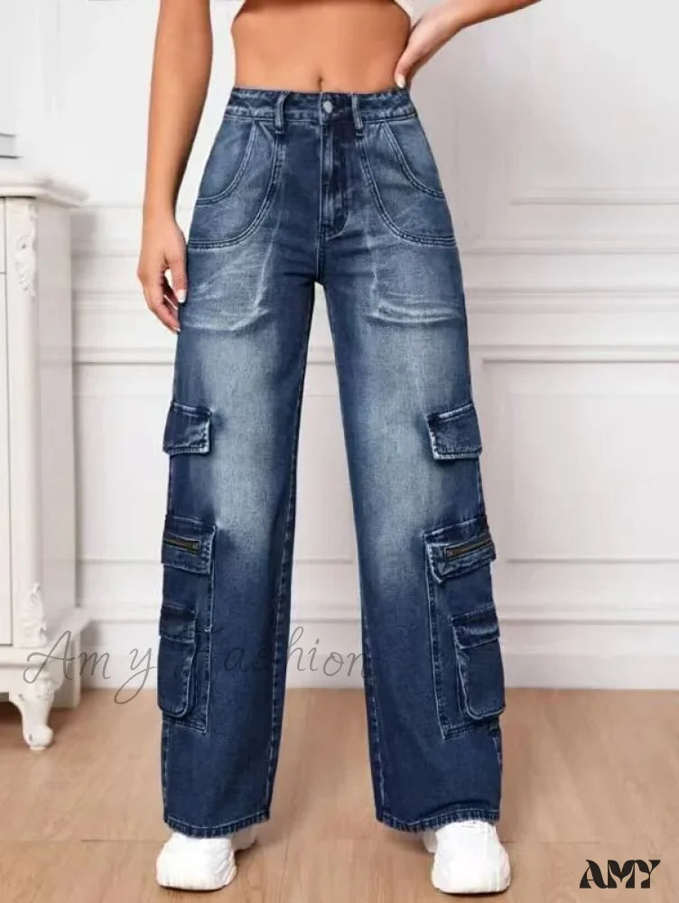 Designer Jeans for Luxury -Amy Fashion - Fashion Multi Pocket Women's High Waist Y2K Loose Cargo Denim Wide Leg Casual Clothing 2024 Fall New S-2XL Jean