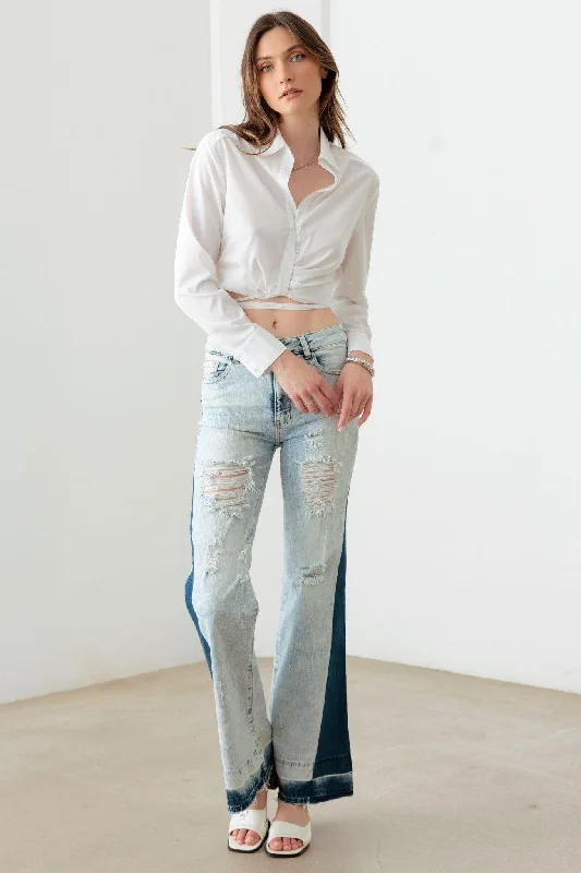 Frayed Hem Jeans for Edgy -Tow Color Acid Wash Flare Denim Jeans