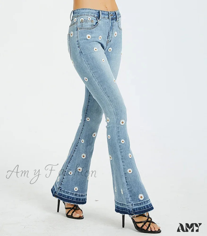 Embroidered Jeans for Detail -Amy Fashion - Elastic Flower Embroidered Flare Womens Vintage Skinny Spring Autumn Denim Retro Style Bell Bottom Jean