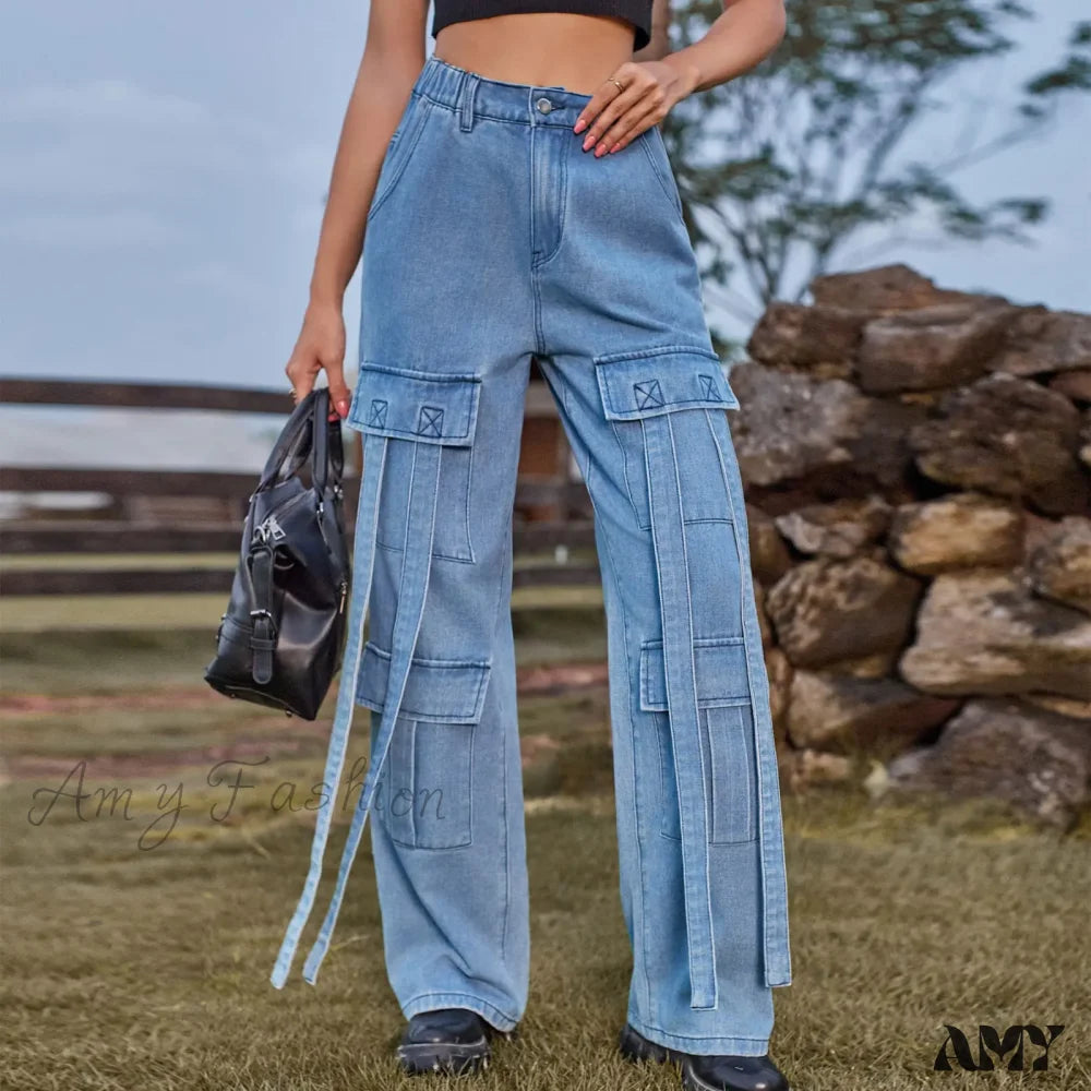 Overalls Jeans for Workwear -Amy Fashion - 90s Streetwear Blue Cargo Casual Big Pockets Overalls High Waist Straight Denim Jean