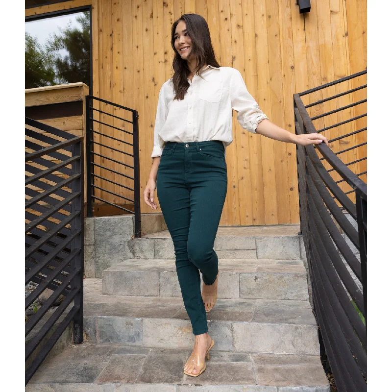 Leather Trim Jeans for Luxury -Soft Stretchy High Rise The Everyday Skinny Jeans - Dark Green