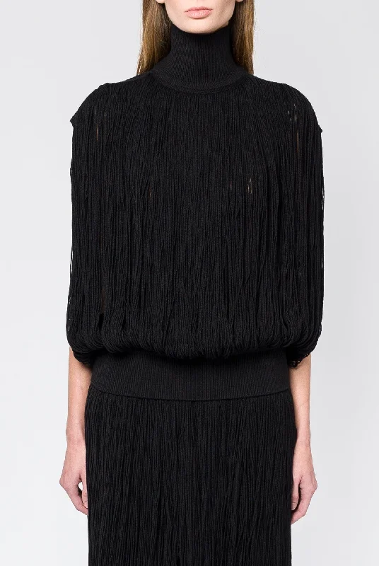 Leather Trim Jeans for Luxury -Alaïa Fringes Top in Black