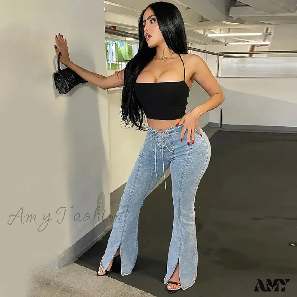 Denim Jeans for Durability -Amy Fashion - Bandage Skinny Flared High Waist Open Split Vintage Bottoms 2024 Autumn Fashion Y2K Streetwear Jean