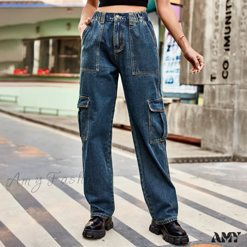 Slim Boyfriend Jeans for Hybrid -Amy Fashion - Vintage Streetwear High Waist Women American Fashion Blue Wide Leg Trouser Female Baggy Straight Denim Jean