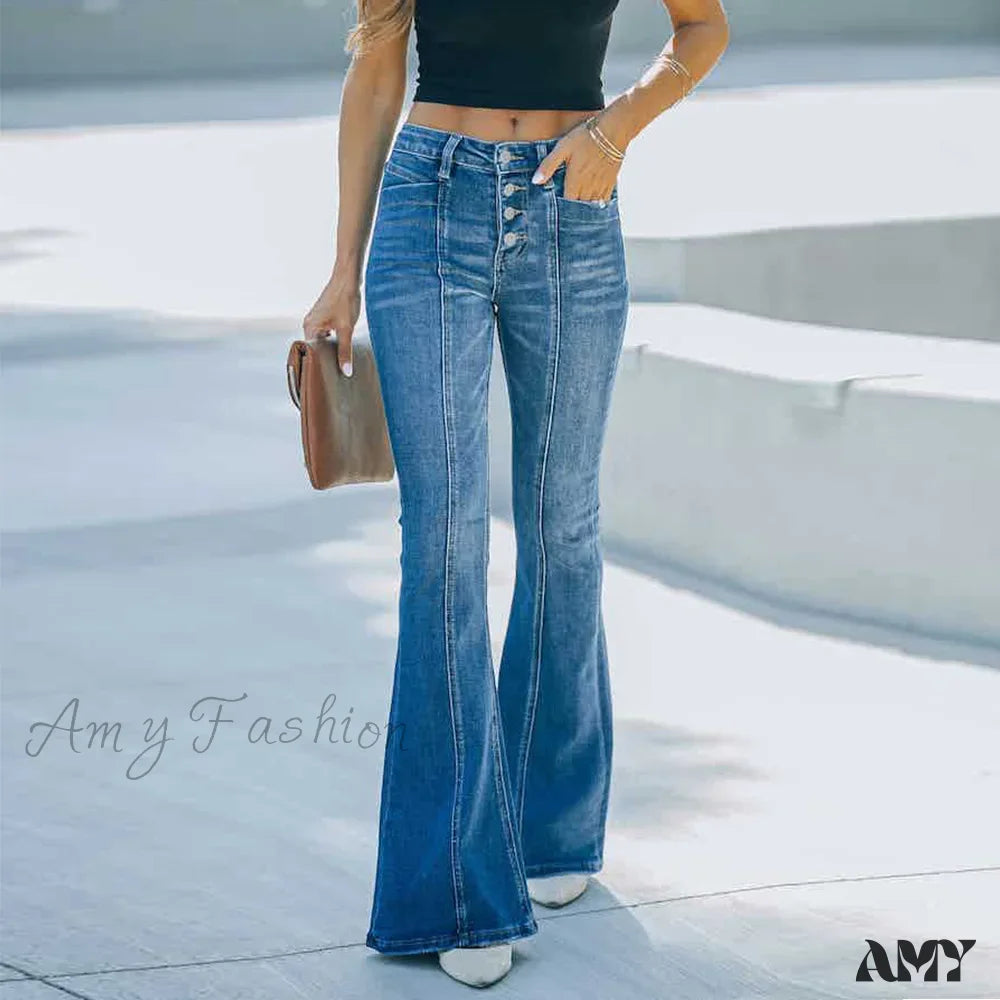 Blue Jeans for Everyday Wear -Amy Fashion - Women's Flared Patchwork Vintage Fashion Stretch High Waist Casual Slim Streetwear Wide Leg Flare Jean