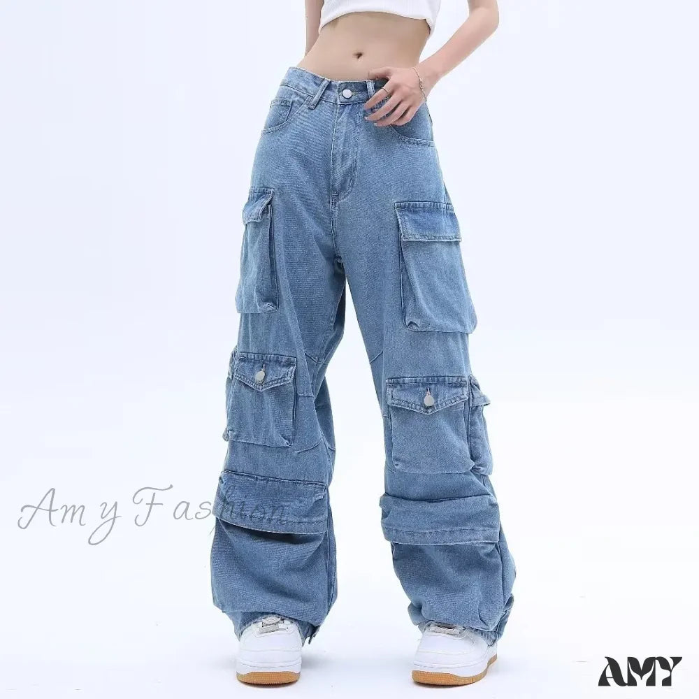 Mini Shorts Jeans for Youthful -Amy Fashion - Multi-Pocket Washed Cargo New Heavy Industry Y2K Vintage Streetwear Loose Oversized Straight-Leg Jean