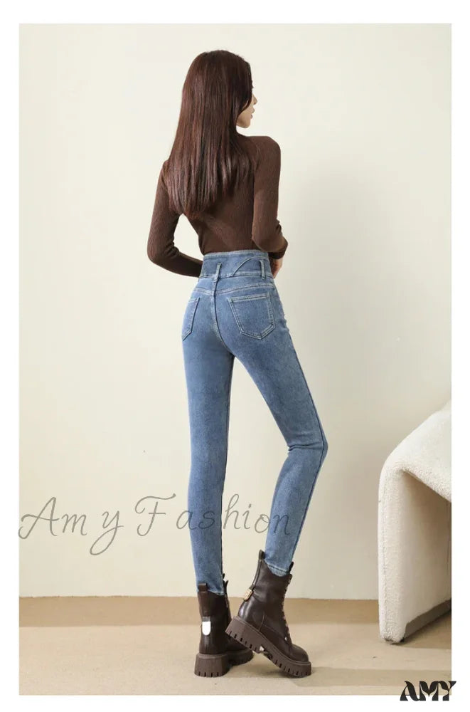 Branded Jeans for Quality -Amy Fashion - Winter Women Thicken Lamb Fluff High Waist Stretchy Fleece Lined Warm Slim Denim Pencil Pants Jean