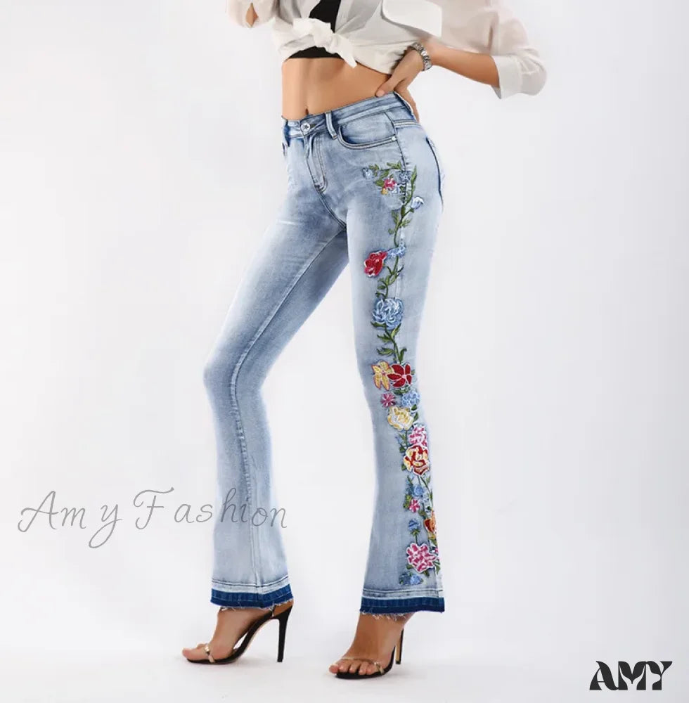 Carpenter Jeans for Function -Amy Fashion - Size S-4XL Elastic Flower Embroidered Flare Womens Retro Style Bell Bottom Skinny Autumn Denim Women Jean