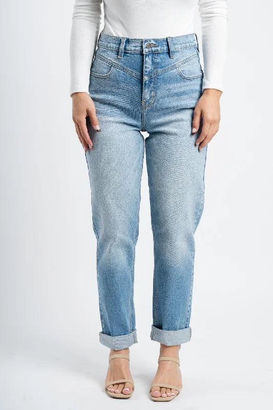 Bootcut Jeans for Flattering -High rise front yoke mom jeans light denim