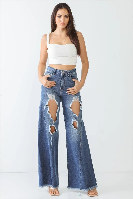 Bermuda Shorts Jeans for Modesty -Denim Cotton Cut-Out Five Pocket High Waist Flare Jeans