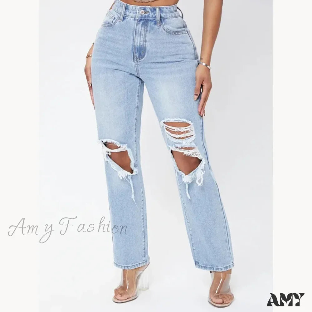 Gym Jeans for Workout -Amy Fashion - Ripped Women's Casual Fashion High Waist Straight Leg Loose Denim Ladies Streetwear Jean