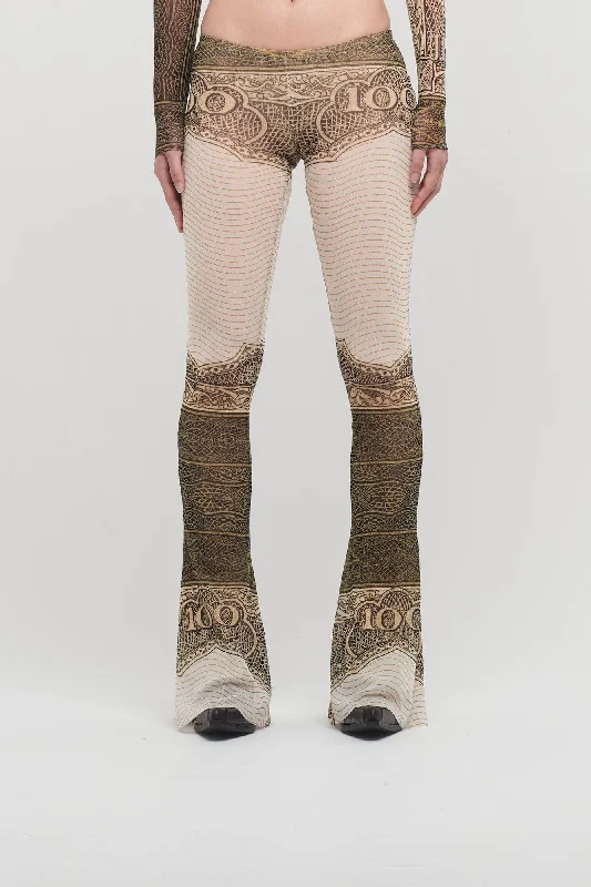 High Waisted Jeans for Shape -Jean Paul Gaultier Mesh Flare Cartouche Printed Pants