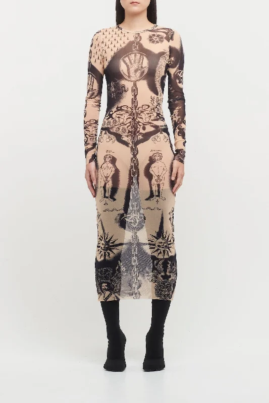 Fringed Jeans for Western -Jean Paul Gaultier Heraldique Long Sleeves Crew Neck Long Dress