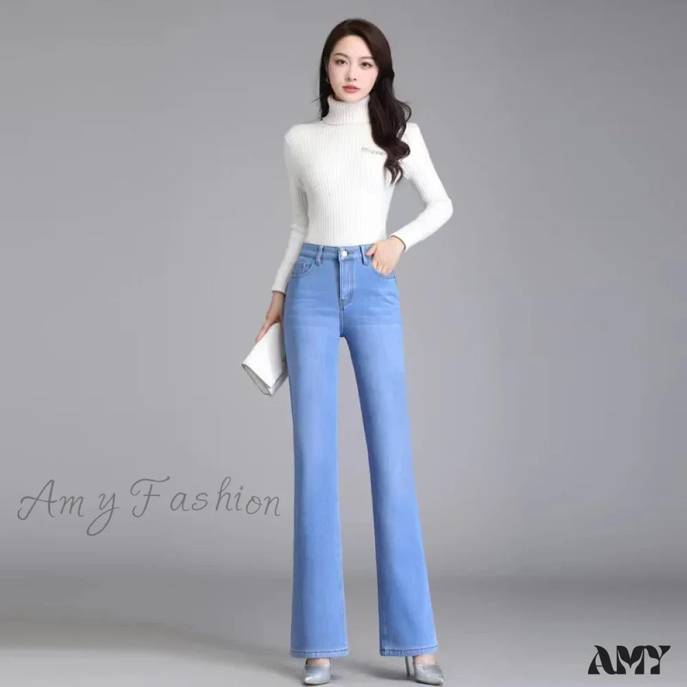 Zipper Fly Jeans for Convenience -Amy Fashion - Elastic High Waist Woman Flare 2024 New Korean Fashion Clothing Pockets Slim Denim Solid Casual Flare Jean