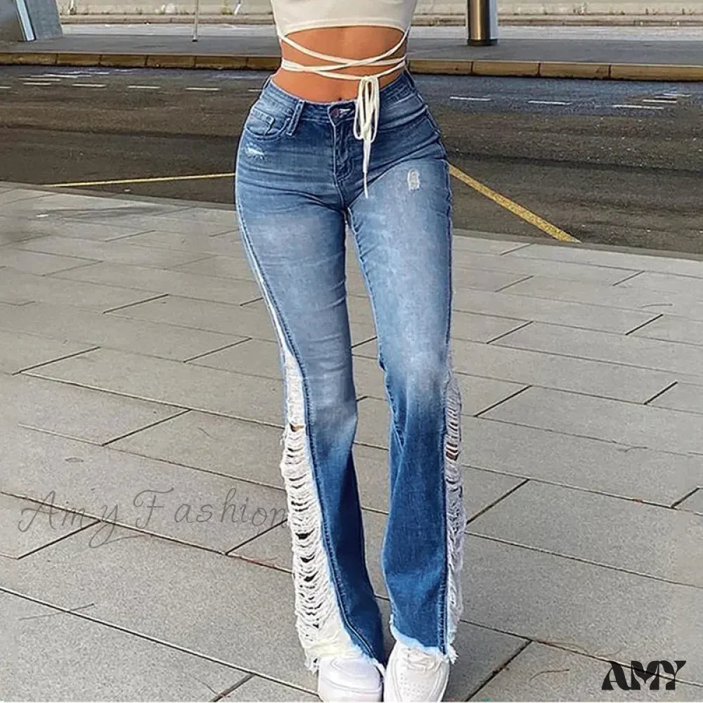 Shopping Jeans for Convenient -Amy Fashion - 2024 Stretch Women's Fashion Leg Side Hole Flare High Waist Sexy Fringe Ripped Hollow Denim Streetwear Trouser Jean