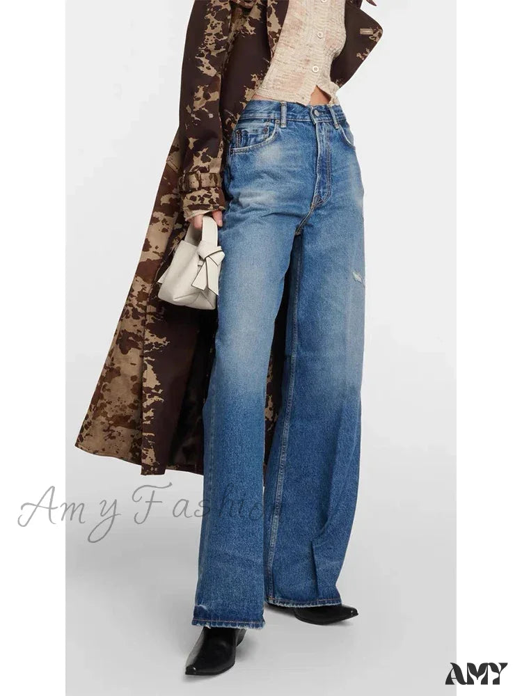 Overalls Jeans for Workwear -Amy Fashion - High Quality High-Waisted Vintage Denim Women's Frayed Versatile Blue Straight Wide-Leg Ladies 2024 Autumn Jean