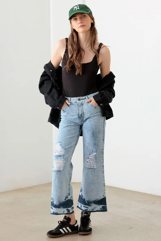 Stretch Jeans for Flexibility -Blue Acid Washed Cotton Destroyed Cropped Jeans