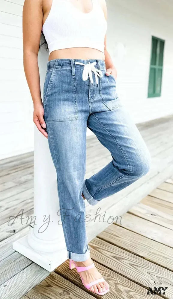 Distressed Jeans for Edgy Style -Amy Fashion - Elastic Skinny Pencil Casual Denim Drawstring High Waist Women's Fashionable Jean