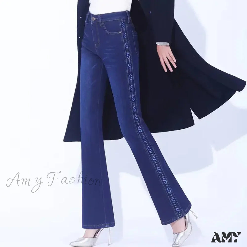 Anniversary Jeans for Special -Amy Fashion - Winter Thicken Warm Stretch Woman Flare 2024 New High Waist Korean Fashion Pockets Solid Casual Slim Flared Denim Jean