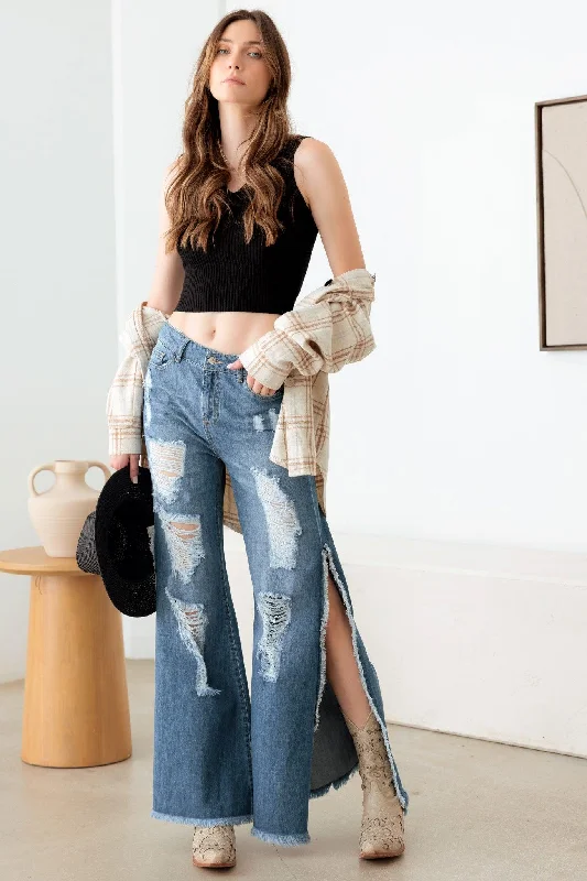 Gray Jeans for Neutral Tone -Blue Side Slit Wide Leg Destroyed Jeans