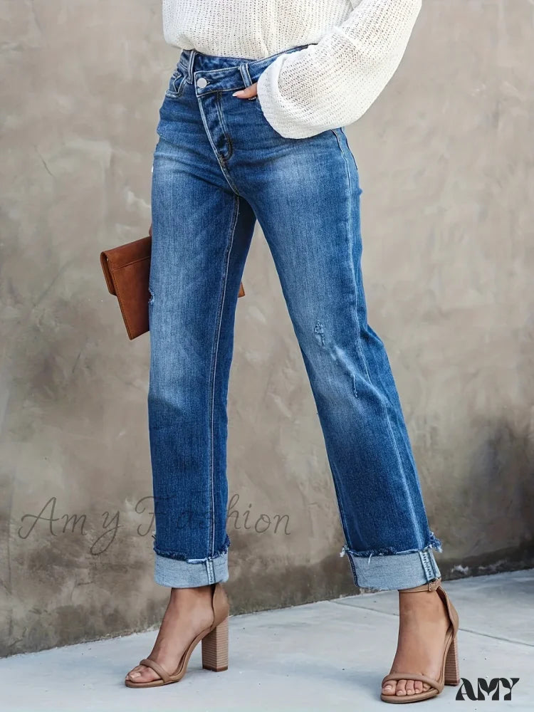 Mom Jeans for Vintage Appeal -Amy Fashion - Asymmetrical Waist Casual Straight Loose Fit Rolled Hem Denim Jean