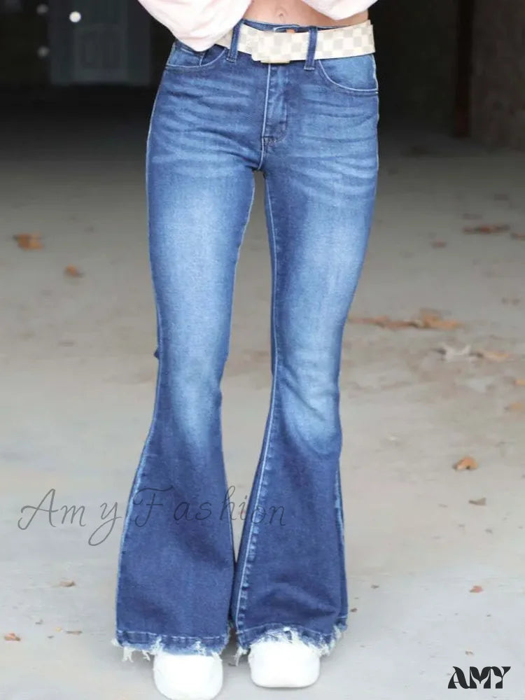 Party Jeans for Night Out -Amy Fashion - High Waist Flare Women's Pocket Casual Boot-cut Trouser Straight Slim-fit Flared Jean