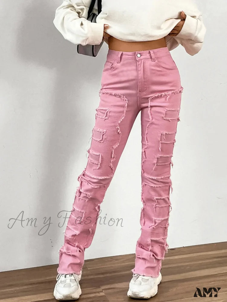 Studded Jeans for Punk -Amy Fashion - 2024 New European and American Streetwise Stretch Patch for Women High Street Straight Fit Long Women's Jean