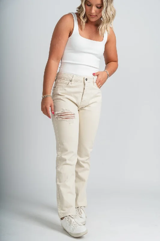 White Jeans for Fresh Look -Hidden high rise straight leg jeans cream