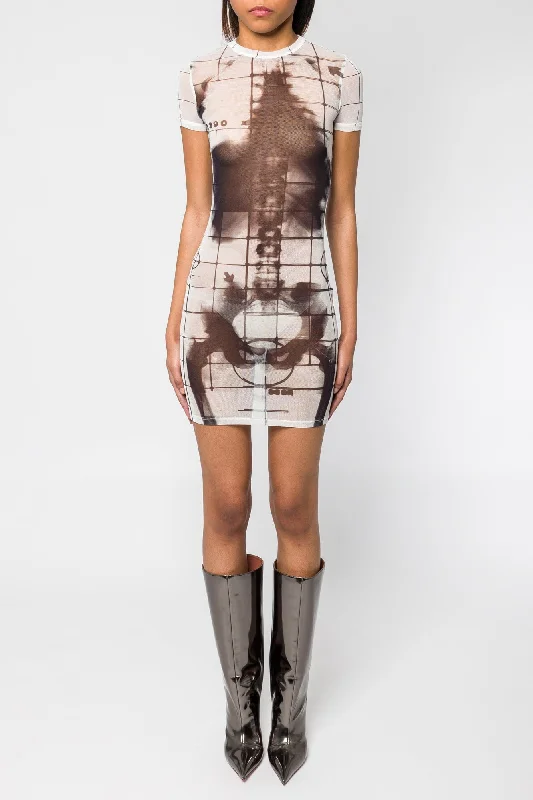 Gray Jeans for Neutral Tone -Jean Paul Gaultier Squeletor Printed Mesh Crew Neck Short Dress SS25