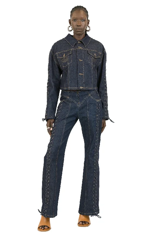 Rolled Shorts Jeans for Style -Jean Paul Gaultier Oversize Cropped Denim Jacket with Laces and Top Stitches Details in Indigo