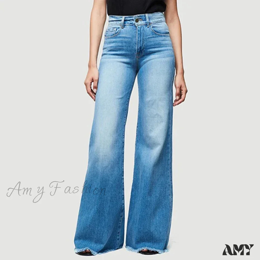 Raw Hem Jeans for Trendy -Amy Fashion - Flare Women High Waist Slim Vintage Fashion Streetwear Stretch Casual Full Length Loose Wide Leg Jean