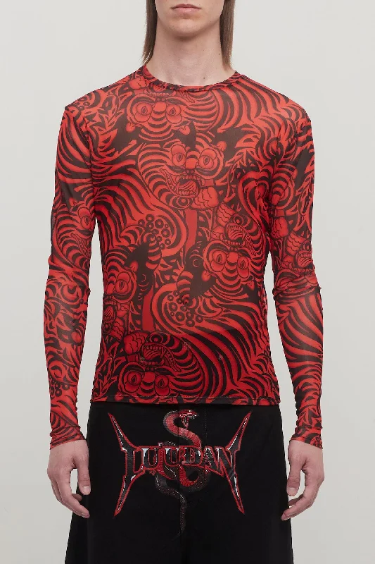 Black Jeans for Formal Look -Lu'u Dan Kamikaze Print Mesh Long Sleeve Top in Red