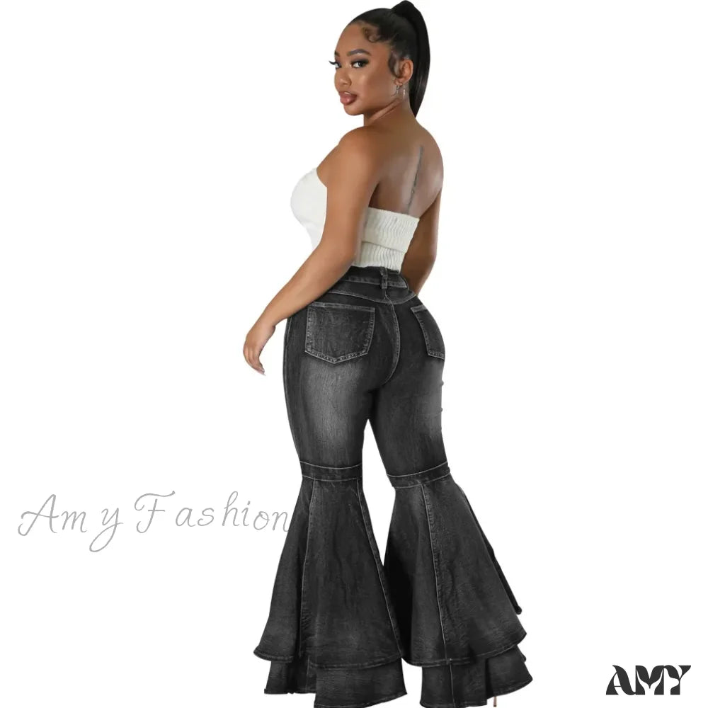 Raw Denim Jeans for Authentic -Amy Fashion - 2024 Fashion High Waist Flare Casual Stretch Skinny Streetwear Denim Bellbottoms Jean