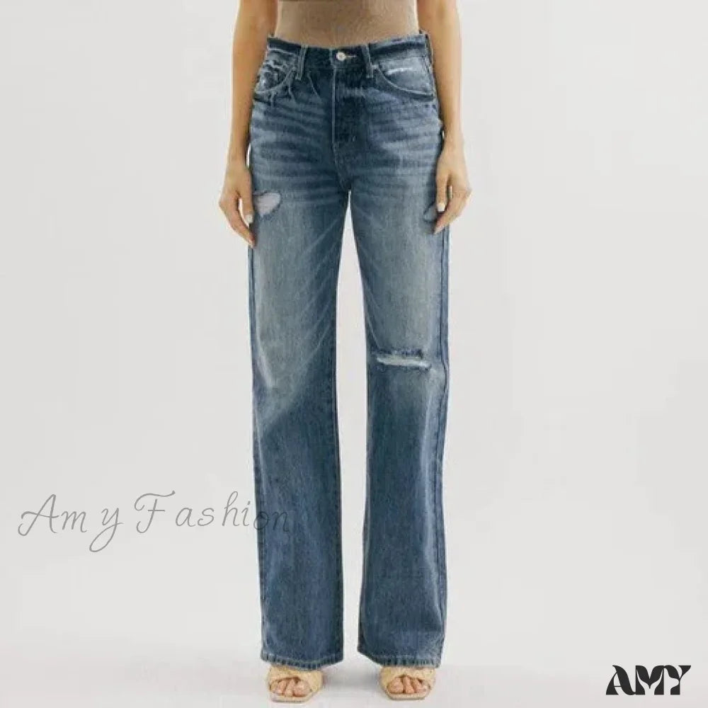 Boyfriend Jeans for Relaxed -Amy Fashion - Ripped Washed High New Simple Street Loose Straight-leg Denim Jean