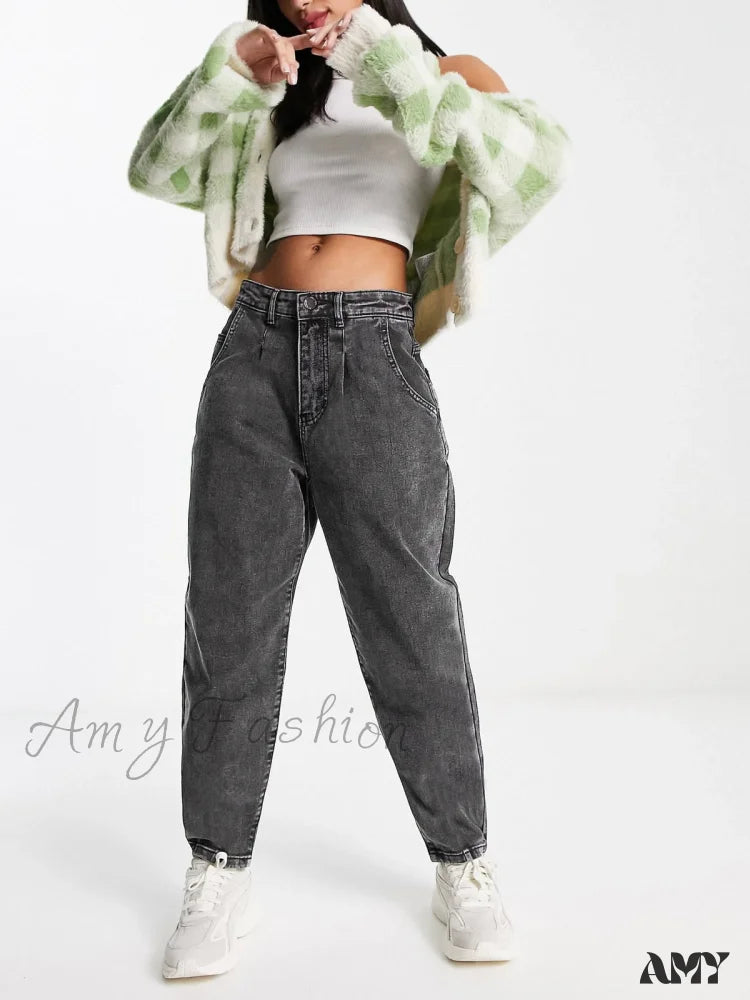 Gray Jeans for Neutral Tone -Amy Fashion - Autumn Black Washed Casual Tapered Slant Pockets Straight Legs Mom Denim