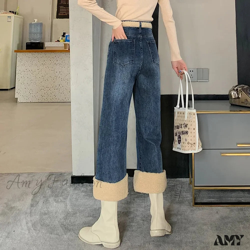 Travel Jeans for On-the-go -Amy Fashion - Winter Thick Velvet Fleece Faux Lambs Wool Stitching Fashion High Waist Casual Warm Wide Leg Denim Jean