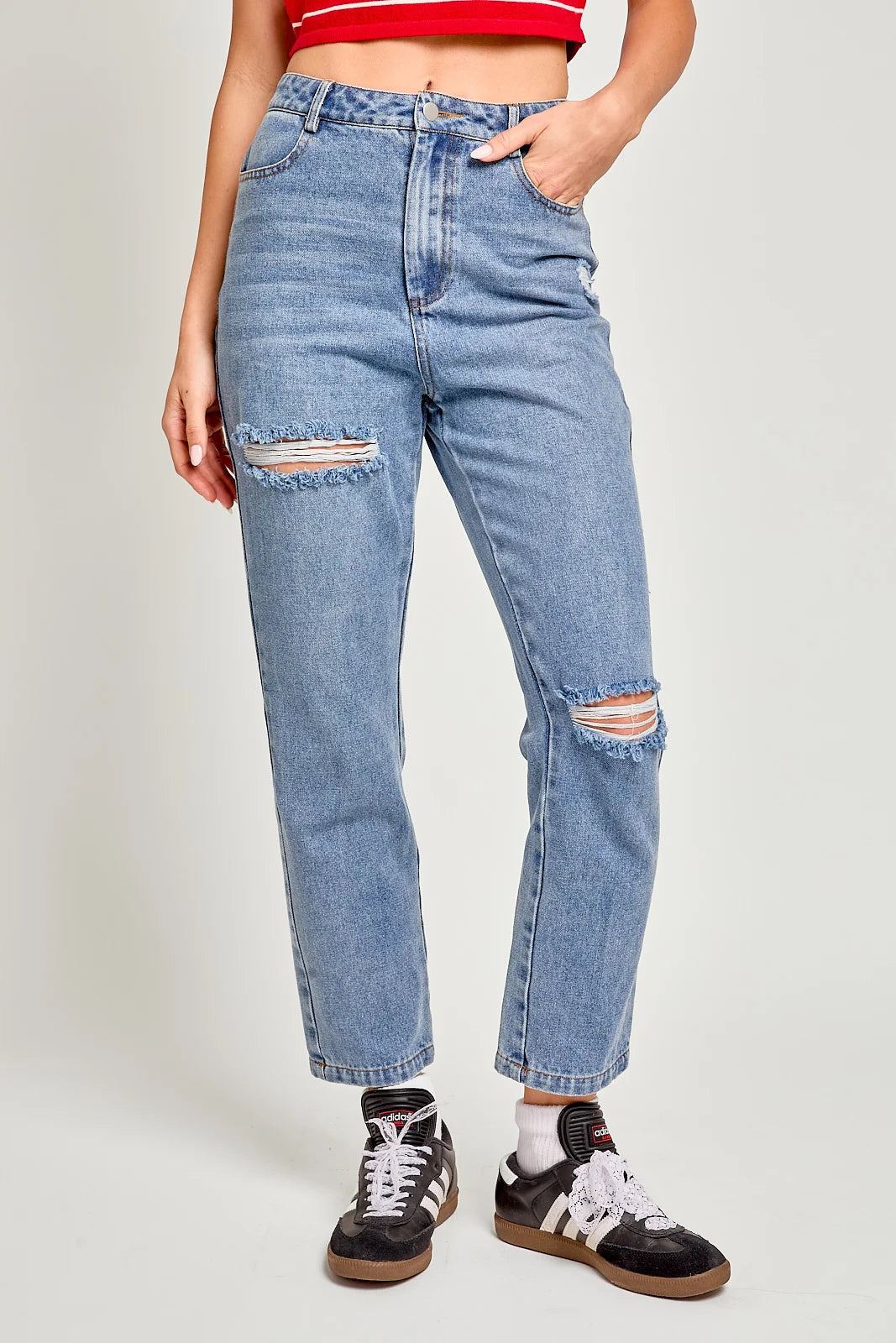 Slim Boyfriend Jeans for Hybrid -Cotton High Waist Distressed Washed Jeans