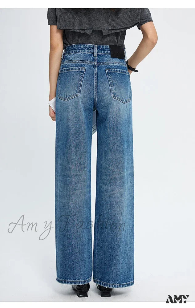 Painted Back Pocket Jeans for Artistic -Amy Fashion - 2024 Spring New High-waisted Loose Slimming Wide-leg Denim Versatile Floor-length Jean