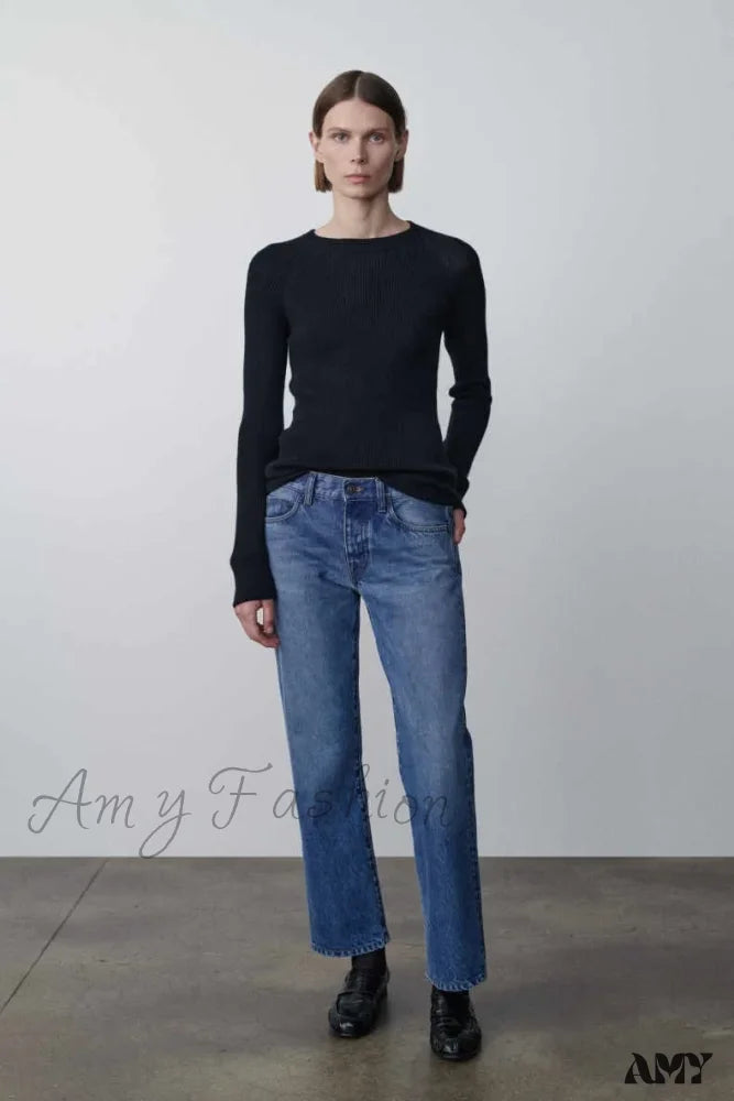 Back Pocket Jeans for Design -Amy Fashion - High Quality Fashion Retro Lady Straight-leg Spring and Autumn Simple Casual High Waist Denim Jean