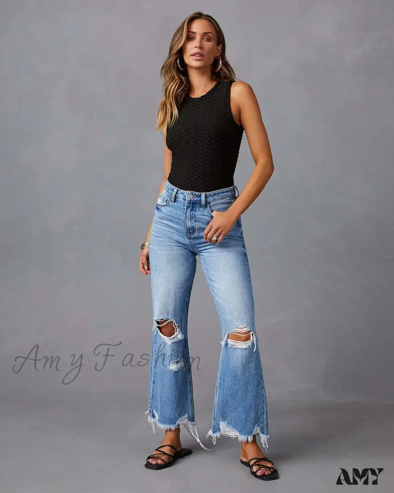 Decorated Back Pocket Jeans for Style -Amy Fashion - 2024 New Fashion High Waist Straight Denim Vintage Tassel Women Baggy Spring Summer Blue Jean