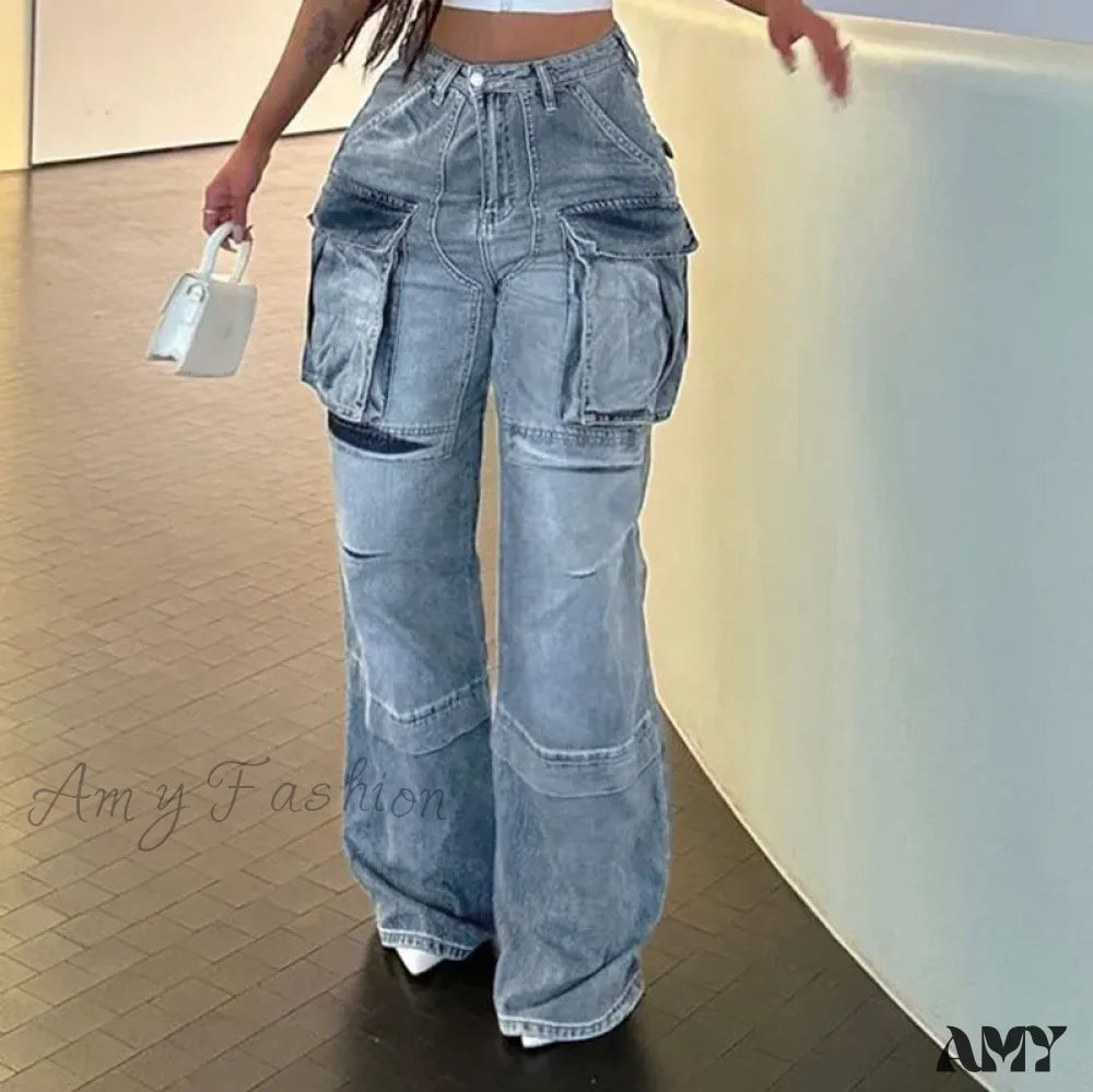 Gray Jeans for Neutral Tone -Amy Fashion - Loose Streetwear Summer Outfits 2024 Blue High Waist Casual Fashion Y2K Straight Cargo Denim Jean