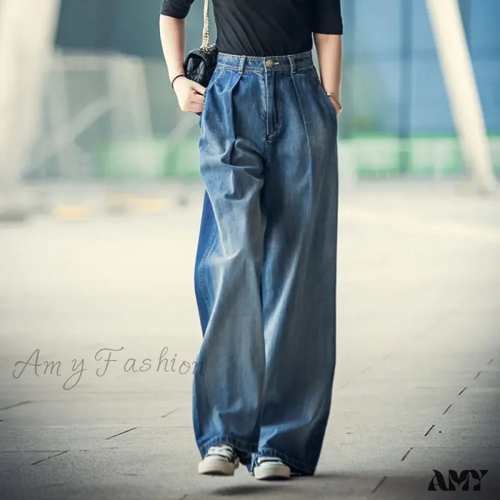 School Jeans for Uniform -Amy Fashion - 85kg Oversize High Waist Denim Baggy Wide Leg Wash Mother Spring Korean Vintage Straight Streetwear Jean