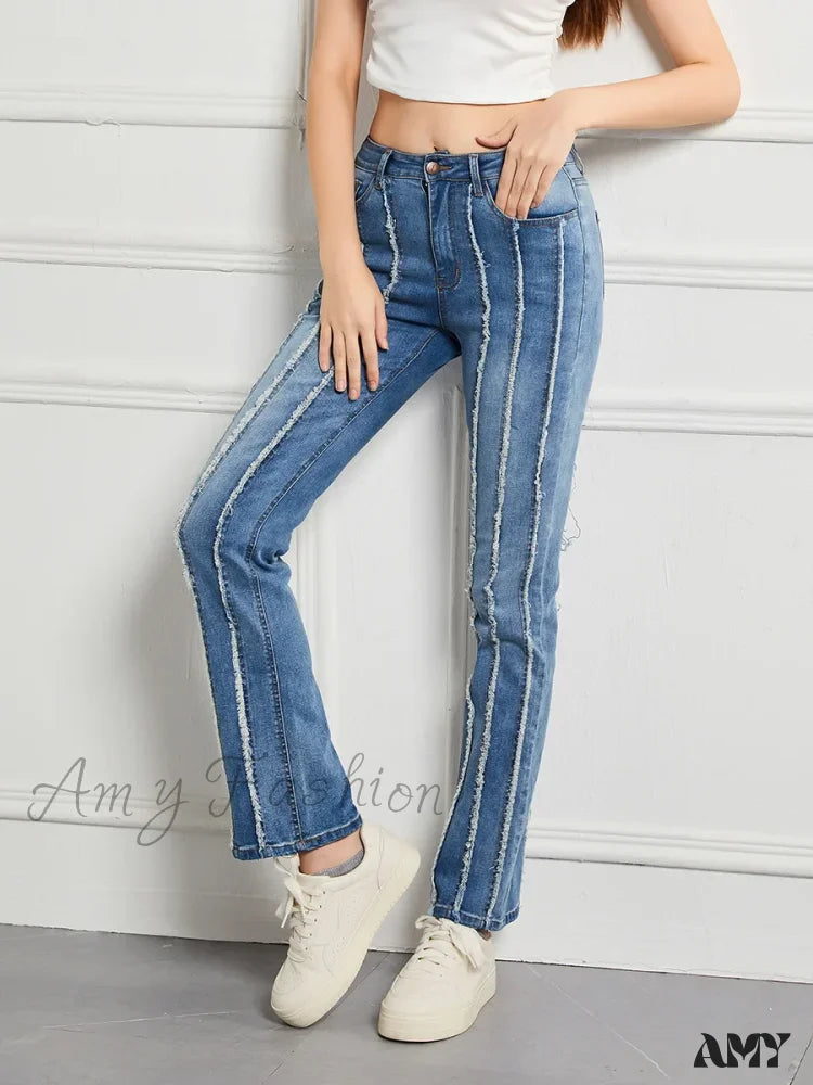 Gray Jeans for Neutral Tone -Amy Fashion - Stretch Flare Fashion Slim Splice Bottom Streetwear Denim Jean