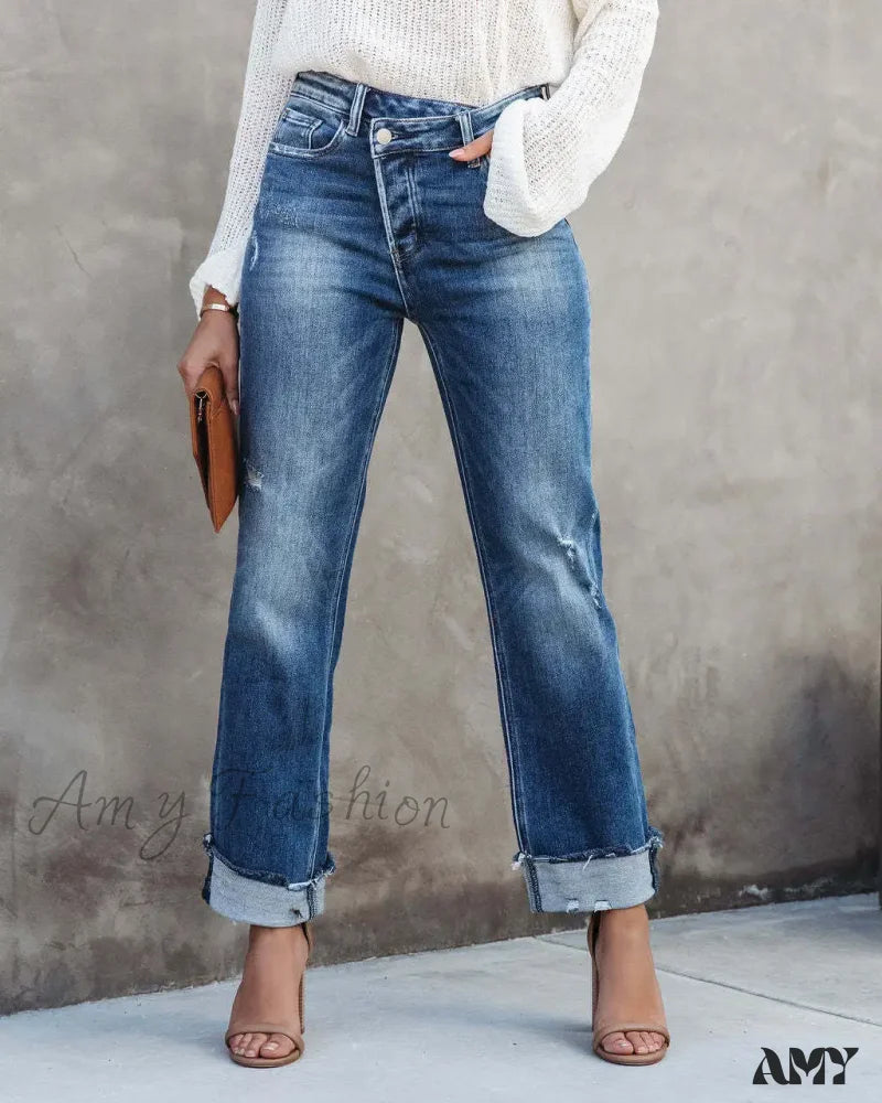 Anniversary Jeans for Special -Amy Fashion - 2024 New Casual Loose Women's Wash Button Pockets High Waist Denim Abrade Elegant Jean