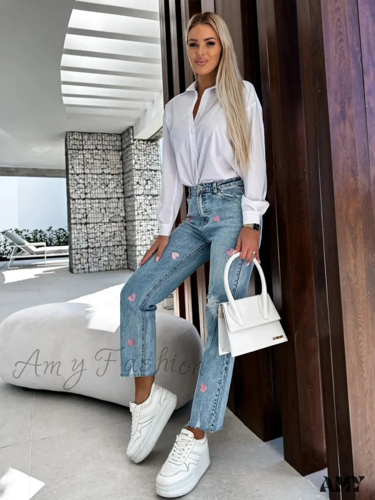 Cuffed Jeans for Stylish Touch -Amy Fashion - 2024 Casual Star Printed Women High Waist Elegant Denim Fashion Ripped Hole Streetwear Jean