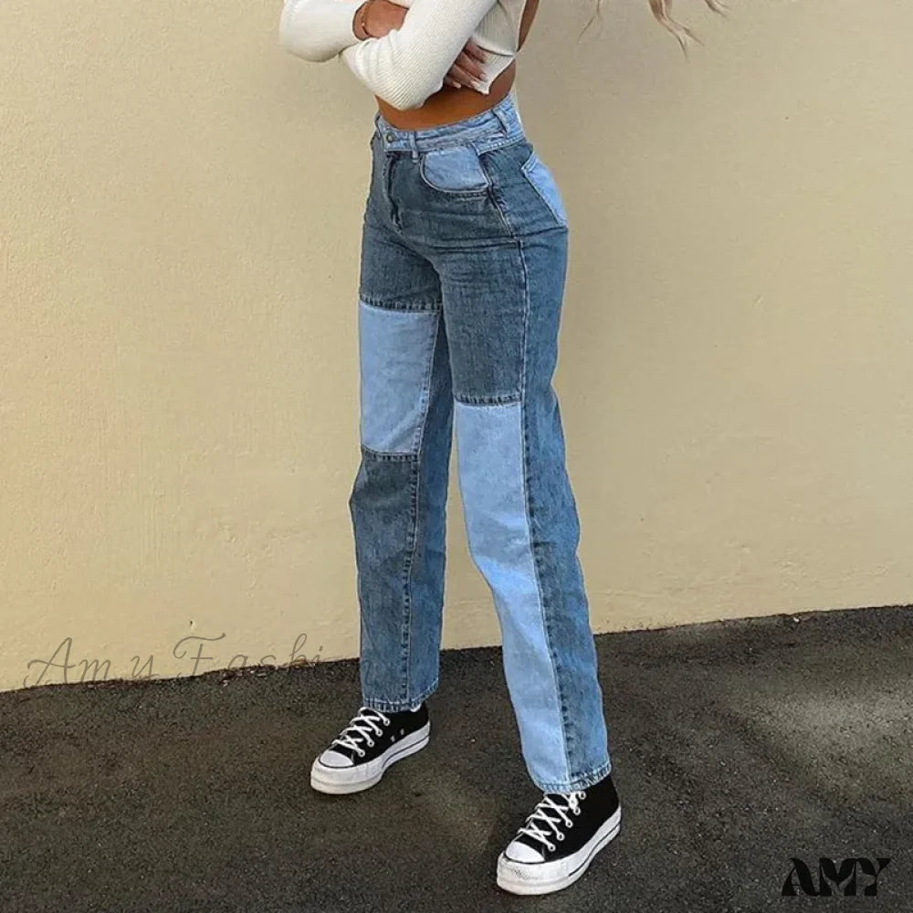 Acid Wash Jeans for Vintage -Amy Fashion - Splicing Thin Casual Straight Hip-Hop Street Denim Jean